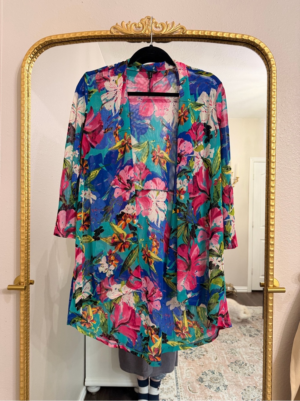 Floral Open-Front Blazer Jacket in Teal & Pink